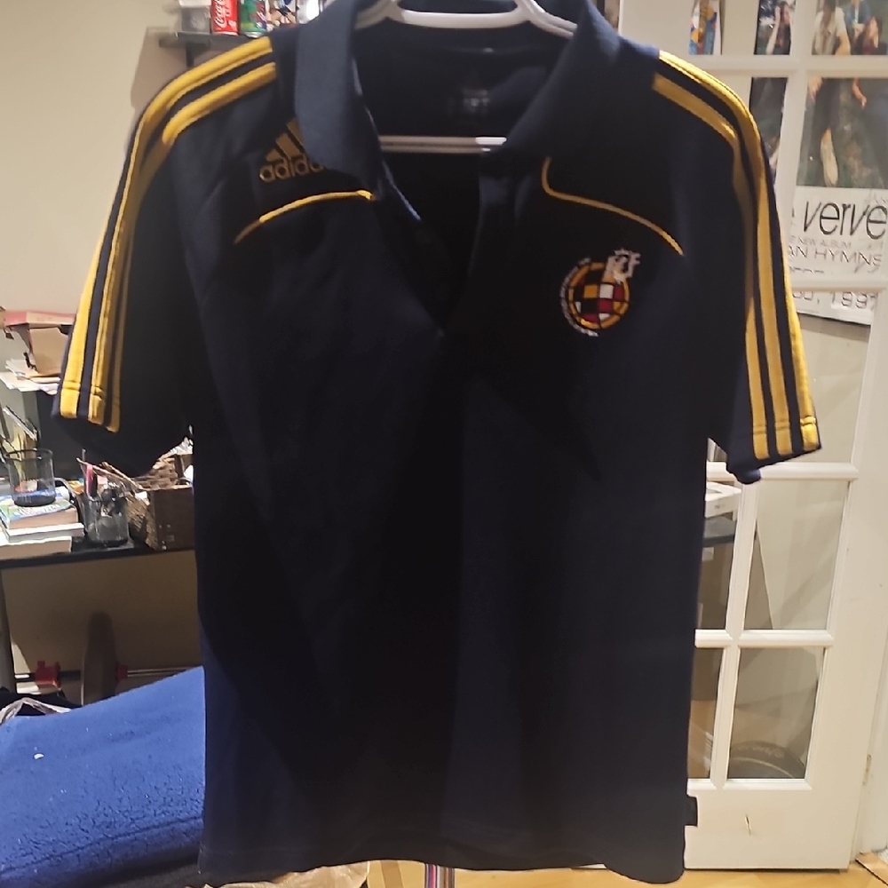 adidas Boys Navy Polo with Yellow Athletic Stripes